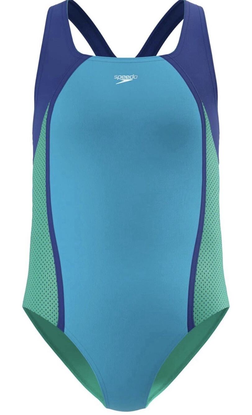 Speedo Girl's One Piece Mesh Splice Thick Strap Swimsuit, Mesh Cyan, 14